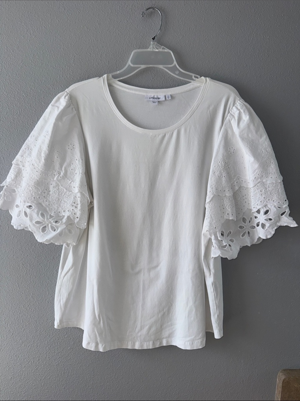 Chicos-White Eyelet Flutter Sleeve Top-SZ 3